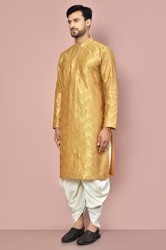 Dark beige dupion art silk kurta with computerised embroidery machine work churidar