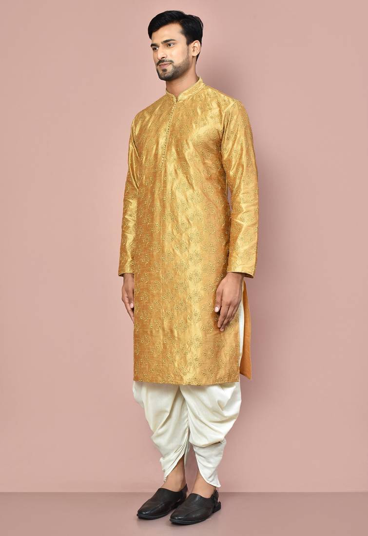 Dark beige dupion art silk kurta with computerised embroidery machine work churidar