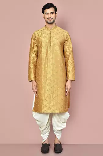 Dark beige dupion art silk kurta with computerised embroidery machine work churidar