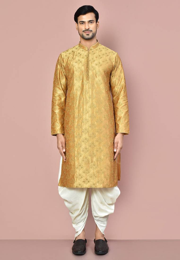 Dark beige dupion art silk kurta with computerised embroidery machine work churidar