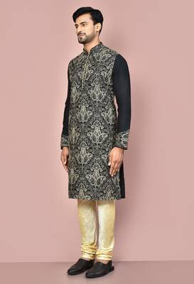 Black dupion art silk kurta with computerised embroidery machine work churidar 1