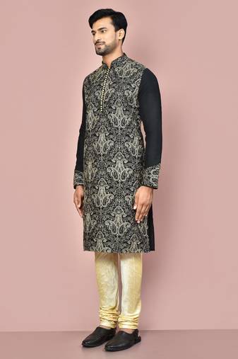 Black dupion art silk kurta with computerised embroidery machine work churidar