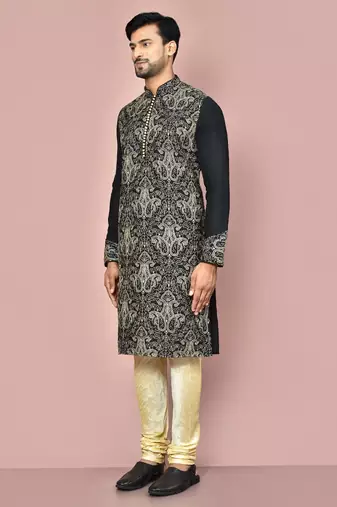 Black dupion art silk kurta with computerised embroidery machine work churidar