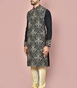 Black dupion art silk kurta with computerised embroidery machine work churidar