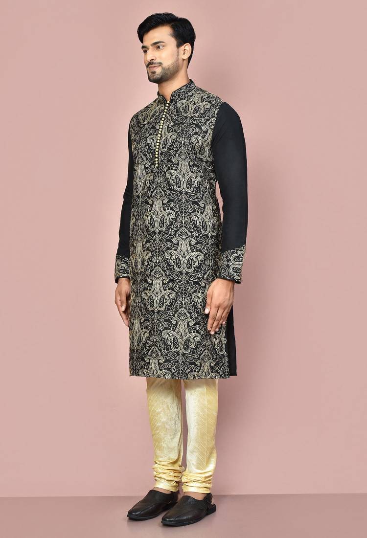 Black dupion art silk kurta with computerised embroidery machine work churidar
