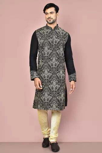 Black dupion art silk kurta with computerised embroidery machine work churidar