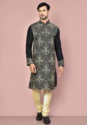 Black dupion art silk kurta with computerised embroidery machine work churidar 3