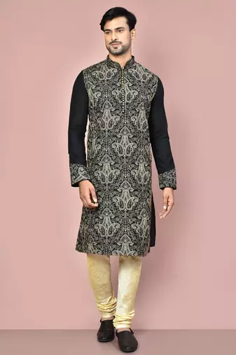 Black dupion art silk kurta with computerised embroidery machine work churidar