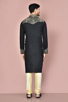 Black dupion art silk kurta with computerised embroidery machine work churidar 4