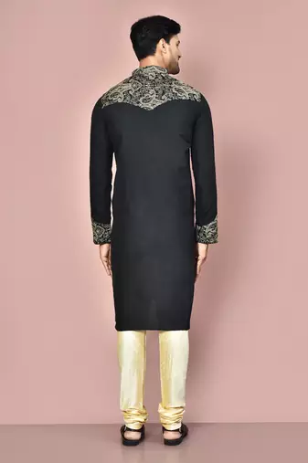 Black dupion art silk kurta with computerised embroidery machine work churidar