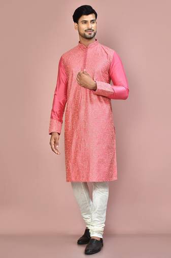 Pink dupion art silk kurta with computerised embroidery machine work churidar