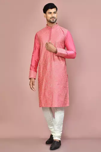 Pink dupion art silk kurta with computerised embroidery machine work churidar