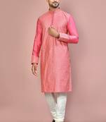 Pink dupion art silk kurta with computerised embroidery machine work churidar