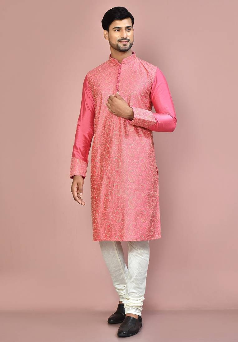 Pink dupion art silk kurta with computerised embroidery machine work churidar