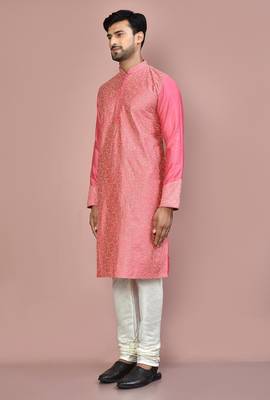 Pink dupion art silk kurta with computerised embroidery machine work churidar 2