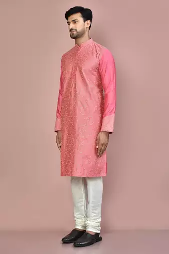 Pink dupion art silk kurta with computerised embroidery machine work churidar