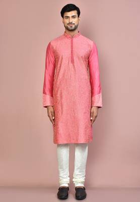 Pink dupion art silk kurta with computerised embroidery machine work churidar 3