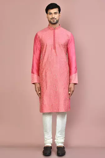 Pink dupion art silk kurta with computerised embroidery machine work churidar