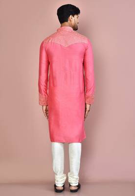 Pink dupion art silk kurta with computerised embroidery machine work churidar 4