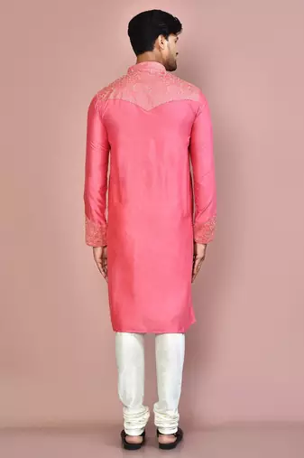 Pink dupion art silk kurta with computerised embroidery machine work churidar