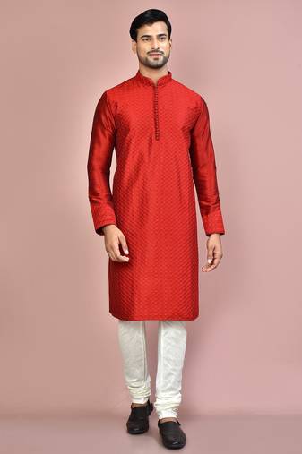 Red dupion art silk kurta with computerised embroidery machine work churidar