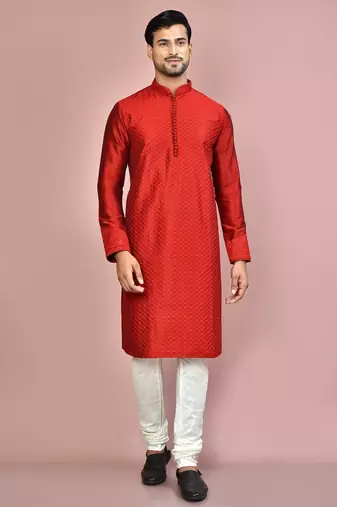 Red dupion art silk kurta with computerised embroidery machine work churidar
