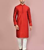 Red dupion art silk kurta with computerised embroidery machine work churidar