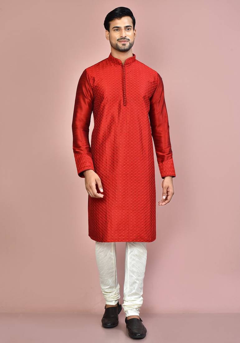 Red dupion art silk kurta with computerised embroidery machine work churidar