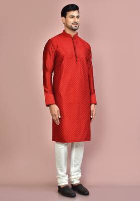 Red dupion art silk kurta with computerised embroidery machine work churidar 2