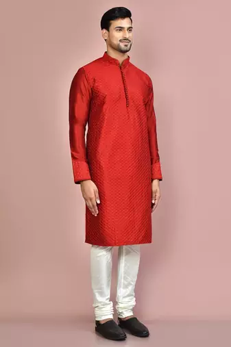 Red dupion art silk kurta with computerised embroidery machine work churidar