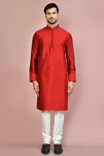 Red dupion art silk kurta with computerised embroidery machine work churidar
