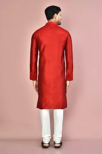 Red dupion art silk kurta with computerised embroidery machine work churidar