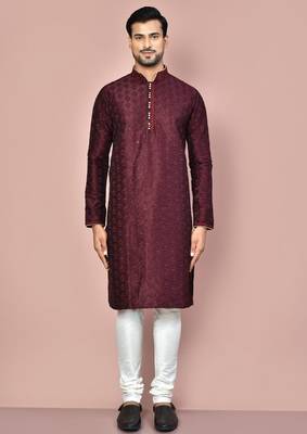 Wine dupion art silk kurta with computerised embroidery machine work churidar 1