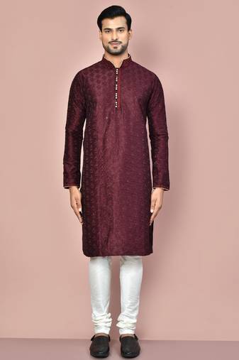 Wine dupion art silk kurta with computerised embroidery machine work churidar