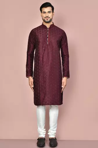 Wine dupion art silk kurta with computerised embroidery machine work churidar