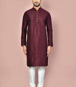 Wine dupion art silk kurta with computerised embroidery machine work churidar