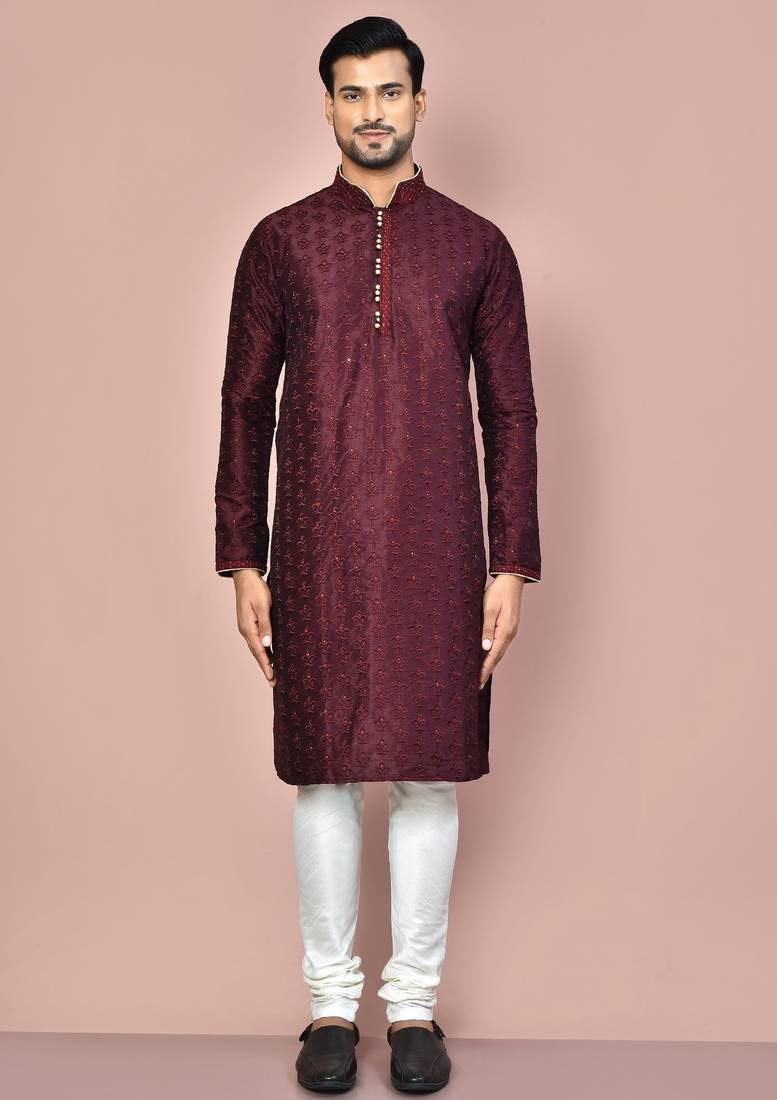 Wine dupion art silk kurta with computerised embroidery machine work churidar