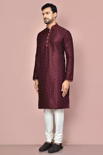 Wine dupion art silk kurta with computerised embroidery machine work churidar