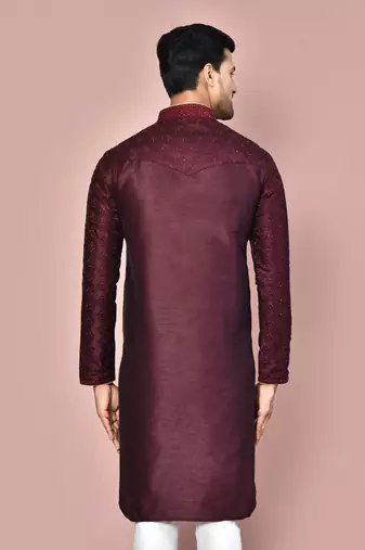 Wine dupion art silk kurta with computerised embroidery machine work churidar