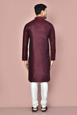 Wine dupion art silk kurta with computerised embroidery machine work churidar 4