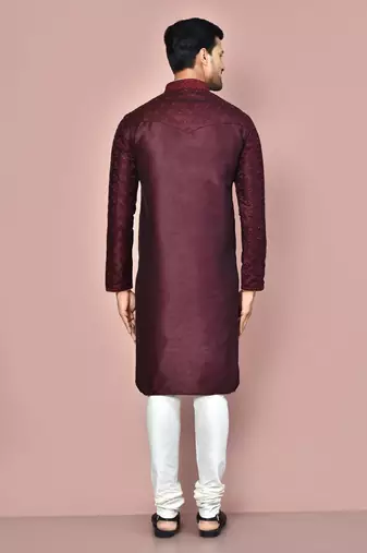 Wine dupion art silk kurta with computerised embroidery machine work churidar