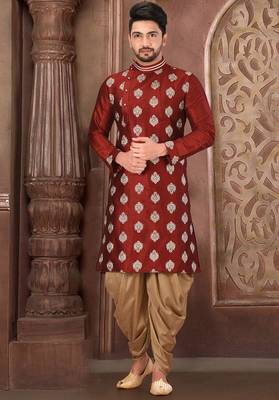 Red dupion art silk kurta with computerised embroidery machine work churidar 1