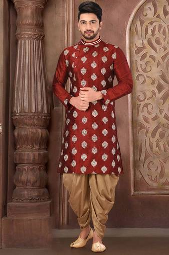 Red dupion art silk kurta with computerised embroidery machine work churidar