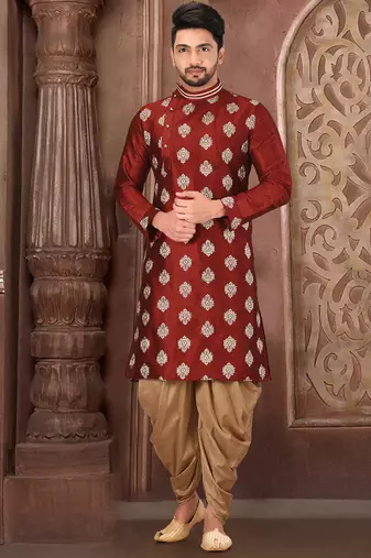 Red dupion art silk kurta with computerised embroidery machine work churidar