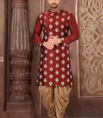 Red dupion art silk kurta with computerised embroidery machine work churidar
