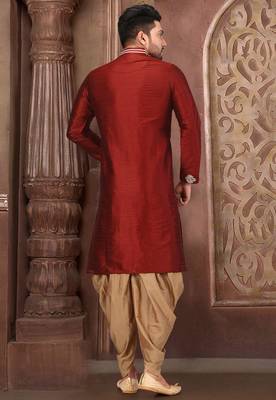 Red dupion art silk kurta with computerised embroidery machine work churidar 2