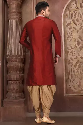 Red dupion art silk kurta with computerised embroidery machine work churidar