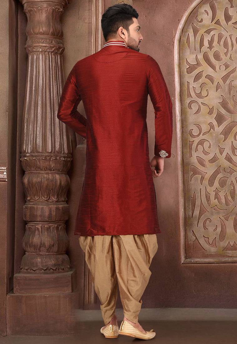 Red dupion art silk kurta with computerised embroidery machine work churidar