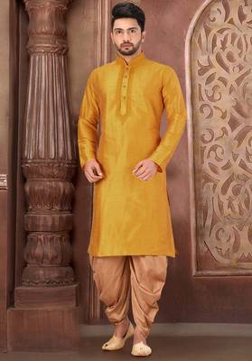 Yellow dupion art silk kurta with computerised embroidery machine work churidar 1