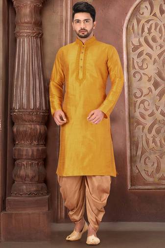 Yellow dupion art silk kurta with computerised embroidery machine work churidar